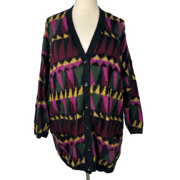 ModCloth Sweater Women 2X Multicolor Geometric Fuzzy Grandpa Boho Long Cardigan - Picture 2 of 15